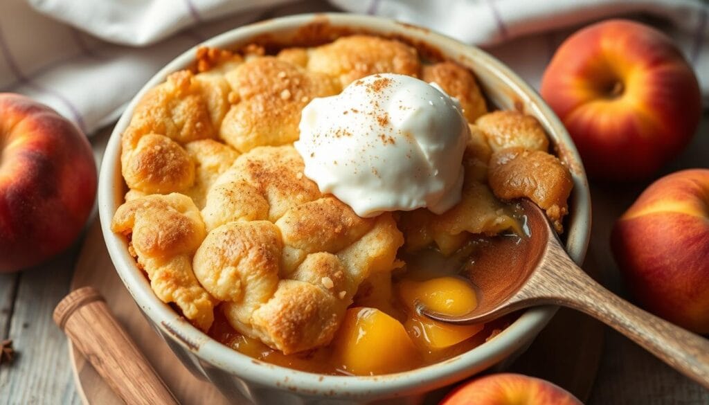 Delicious homemade peach cobbler with a golden cake mix topping, fresh peaches, and a bubbling filling