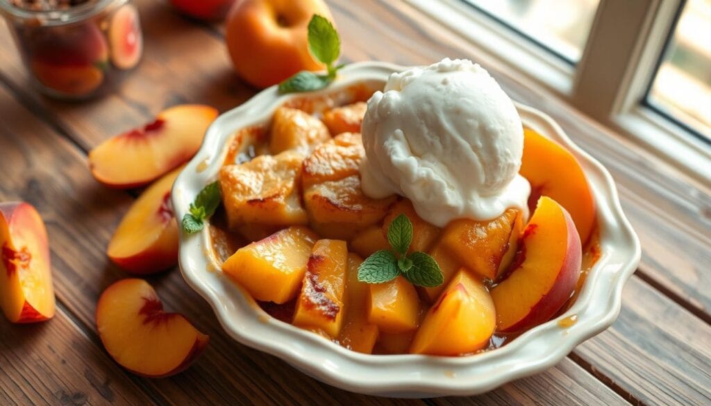 A warm serving of peach cobbler topped with a scoop of vanilla ice cream, ready to enjoy.
