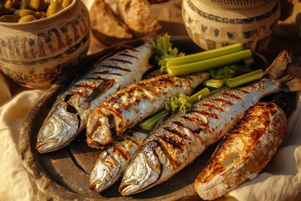Grilled fish and bread served with wine, symbolizing Poseidon’s feasts