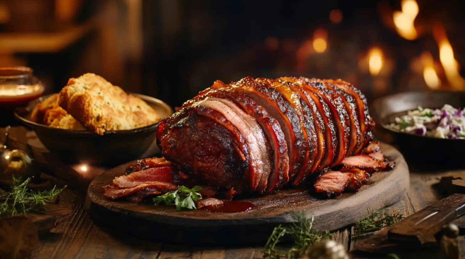 Bacon-wrapped brisket plated with crispy bacon and BBQ sides like coleslaw and cornbread on a rustic wooden table