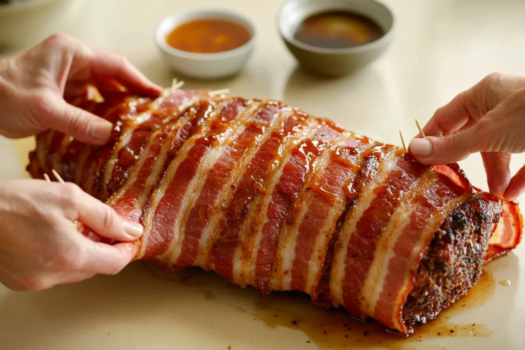 A bacon-wrapped brisket cooking inside a traditional smoker with visible smoke