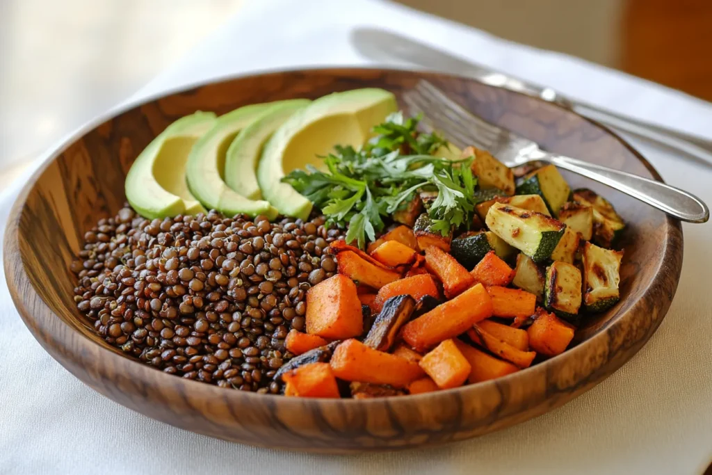 Lentils served with quinoa, roasted vegetables, and avocado slices.