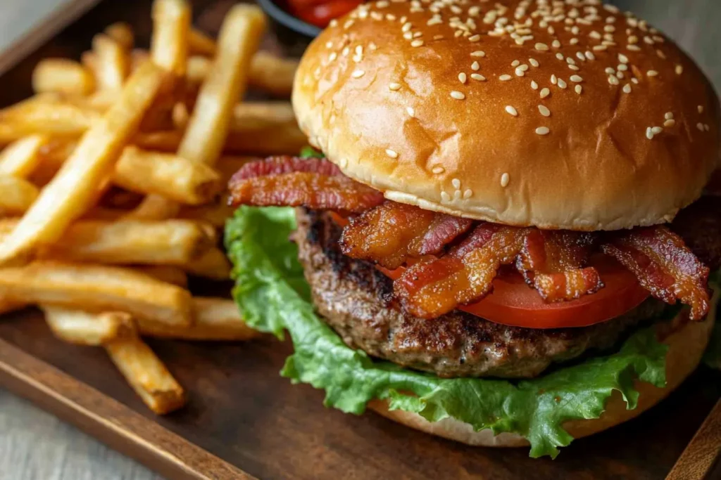 A burger topped with crispy brisket bacon, lettuce, and tomato.