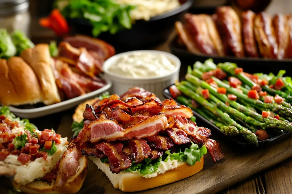 A variety of dishes featuring brisket bacon, including a BLT sandwich and salad.