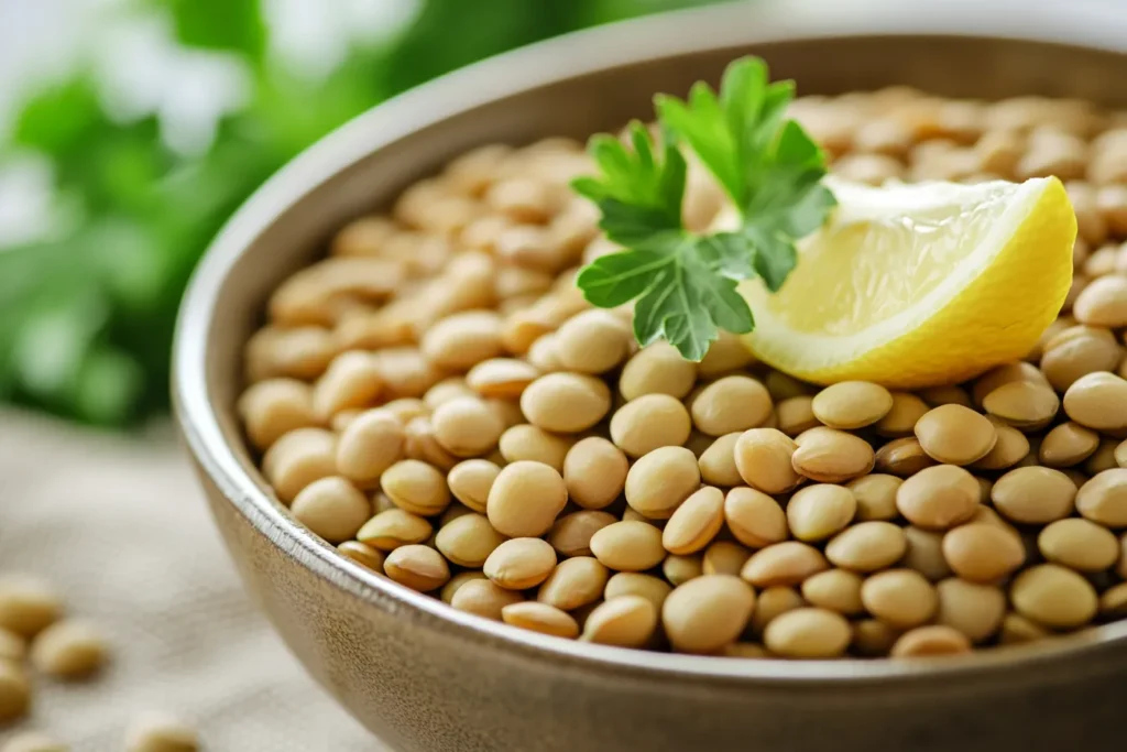 A bowl of cooked green lentils garnished with parsley and a lemon wedge.
