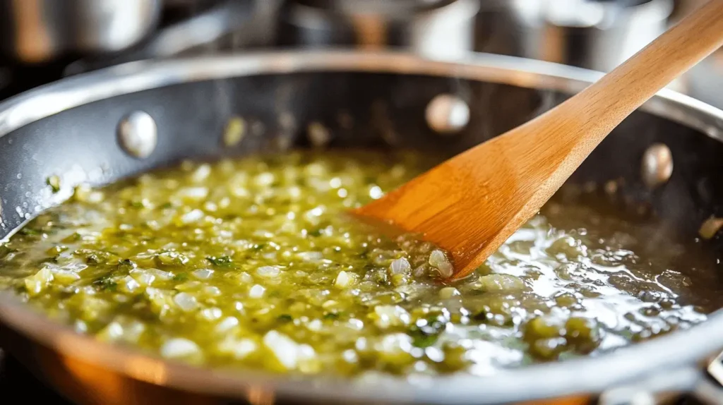 Sizzling tomatillo sauce being prepared