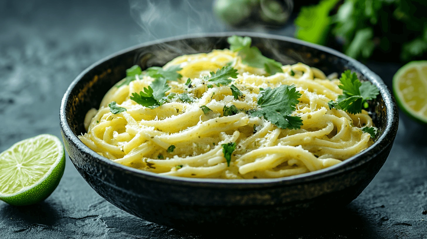 Steaming bowl of creamy tomatillo pasta