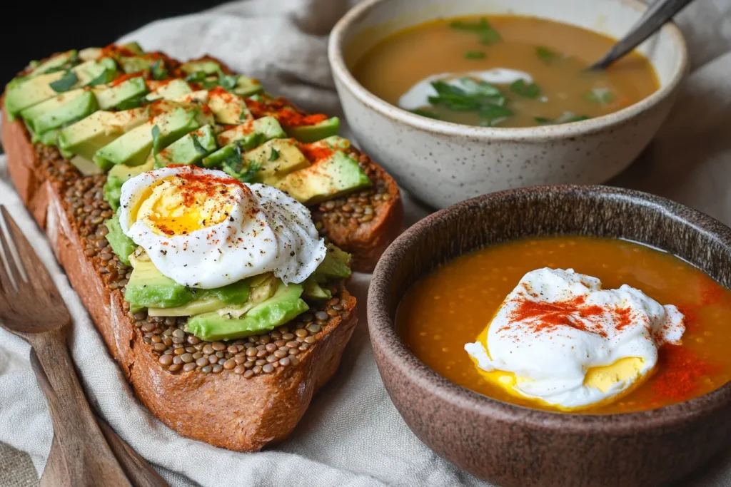 Lentil bread topped with avocado and poached egg, served with a bowl of soup