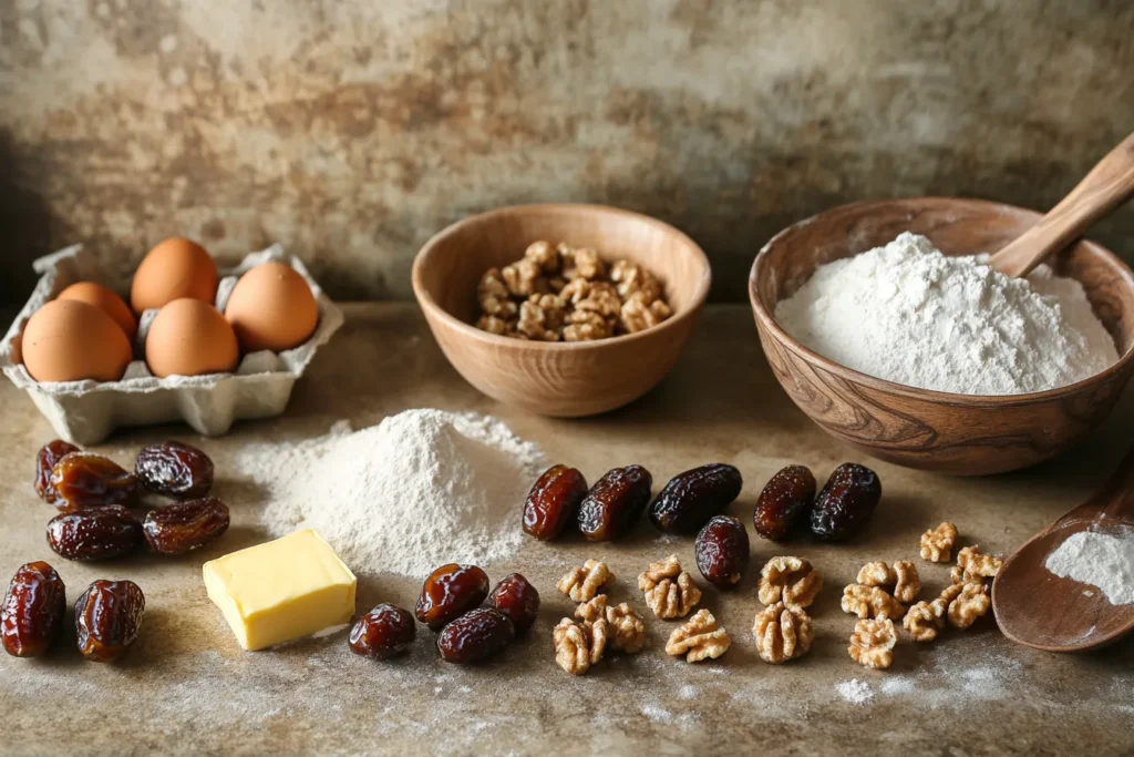 Ingredients for Food for the Gods, including dates, walnuts, and butter, on a rustic counter