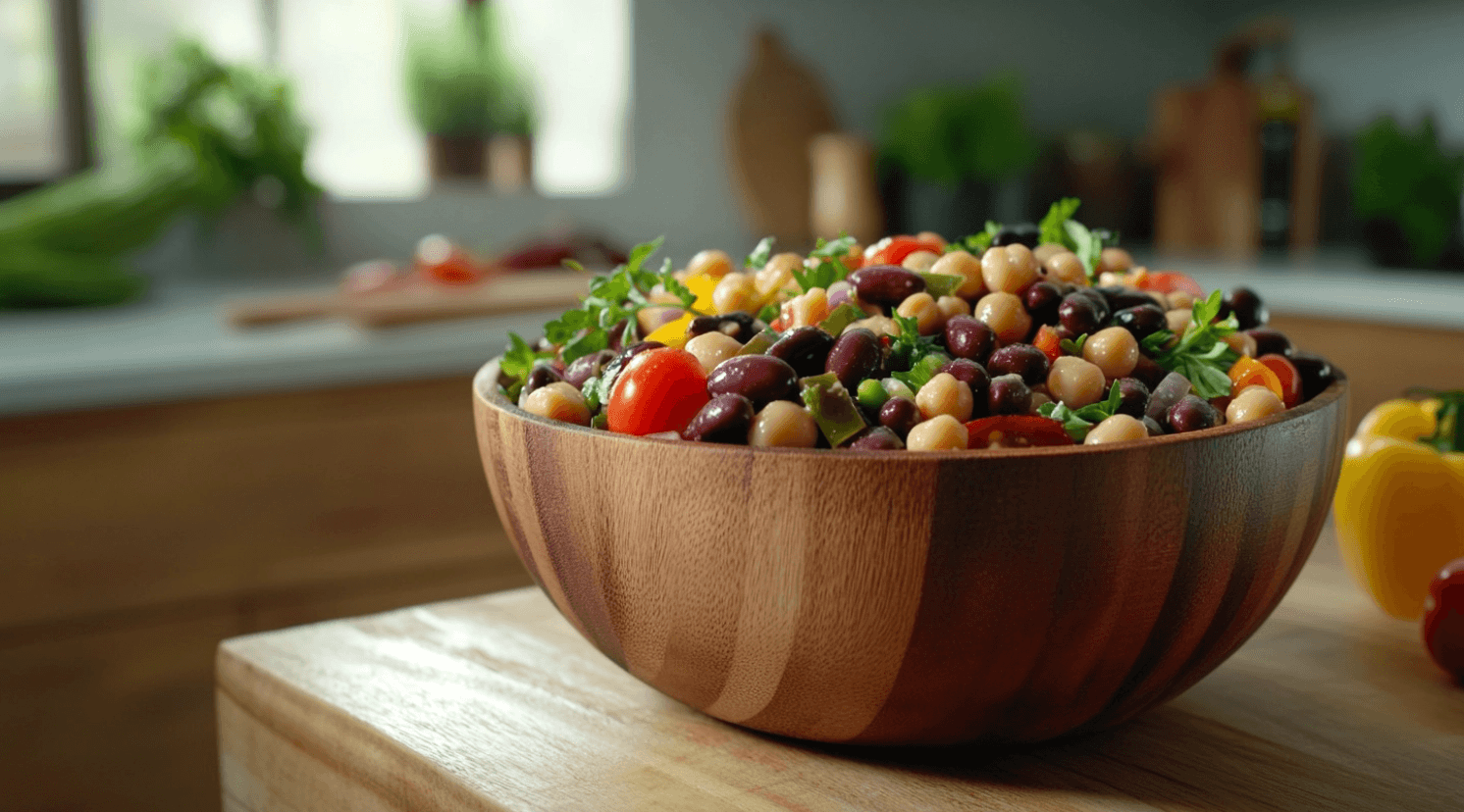 Close-up of a colorful dense bean salad in a rustic kitchen setting