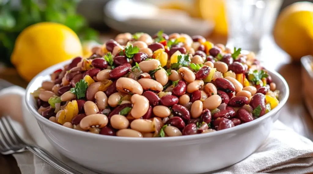 A plated dense bean salad on a dining table with meal accompaniments.