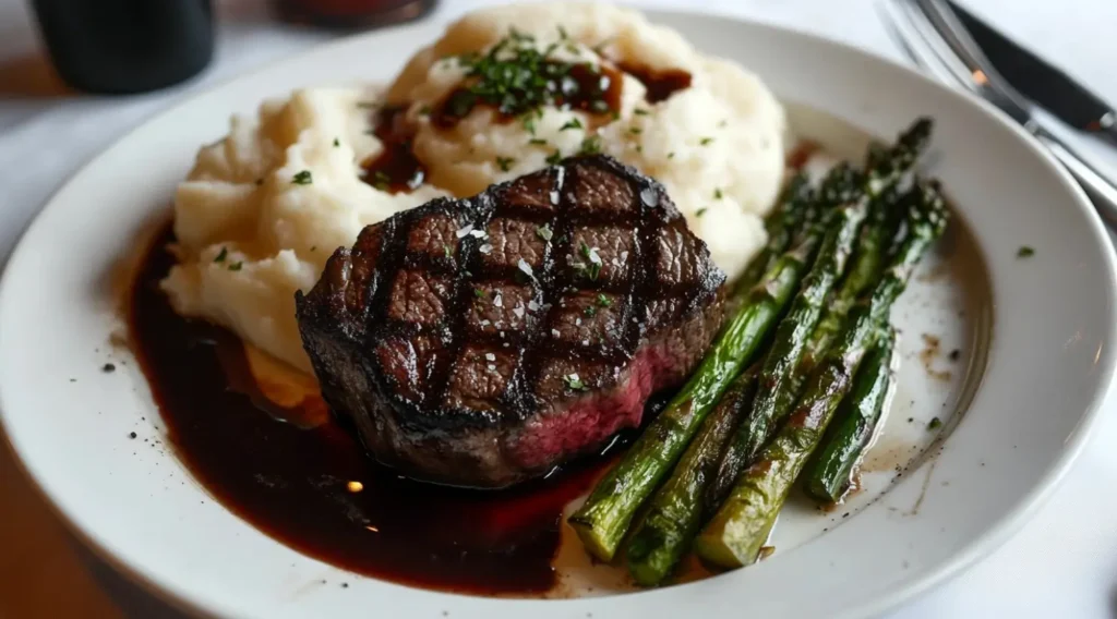 Flat iron steak with mashed potatoes, asparagus, and red wine sauce on a dinner plate