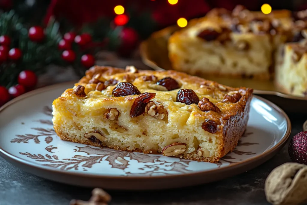 Slices of Food for the Gods with dates and walnuts on a festive plate