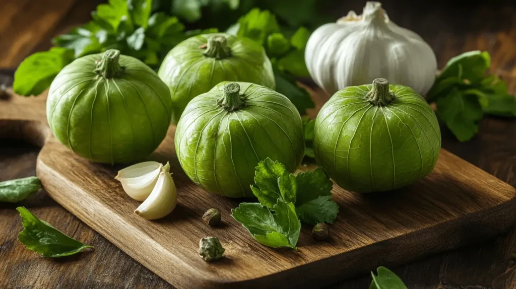 Fresh tomatillos and herbs on a chopping board