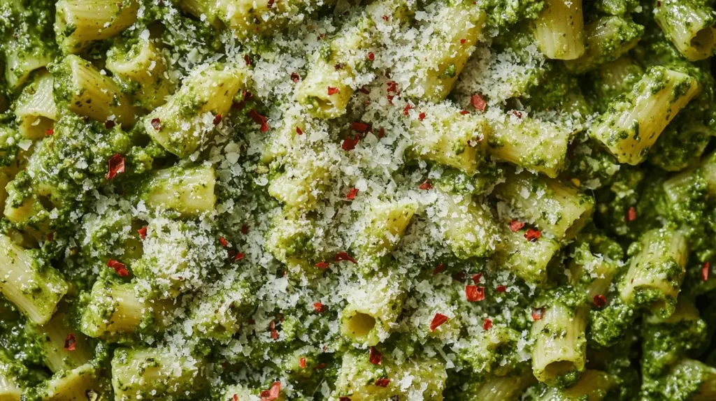 Pasta tossed in tomatillo sauce with garnishes