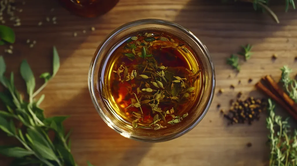Herbal tea infused with caraway seeds in a glass cup