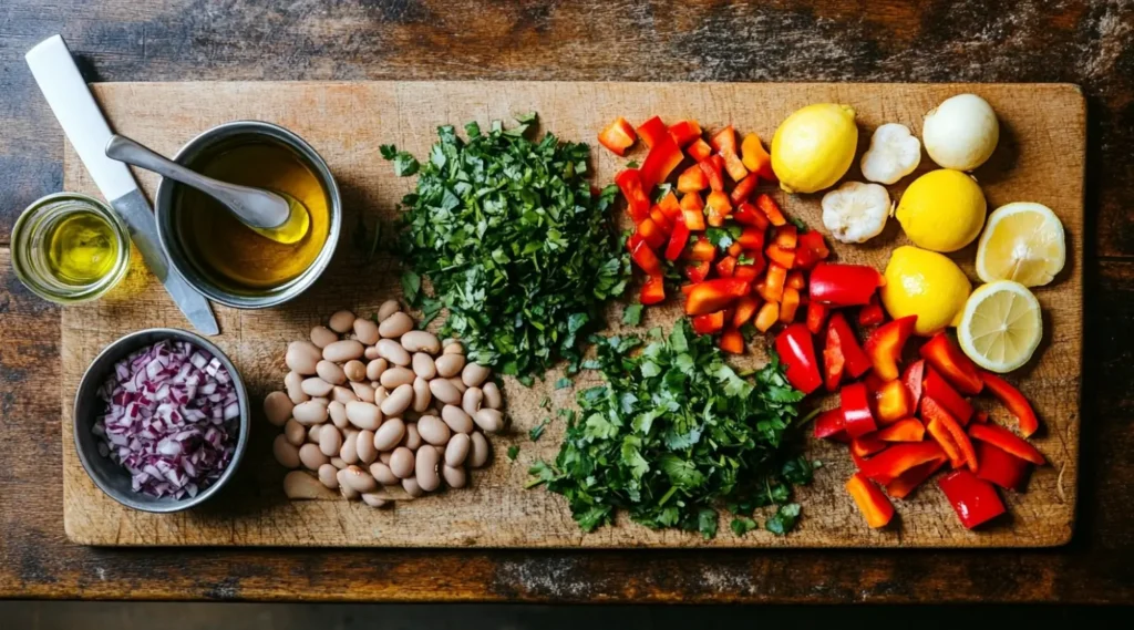 Flat-lay of ingredients for a dense bean salad on a rustic kitchen counter