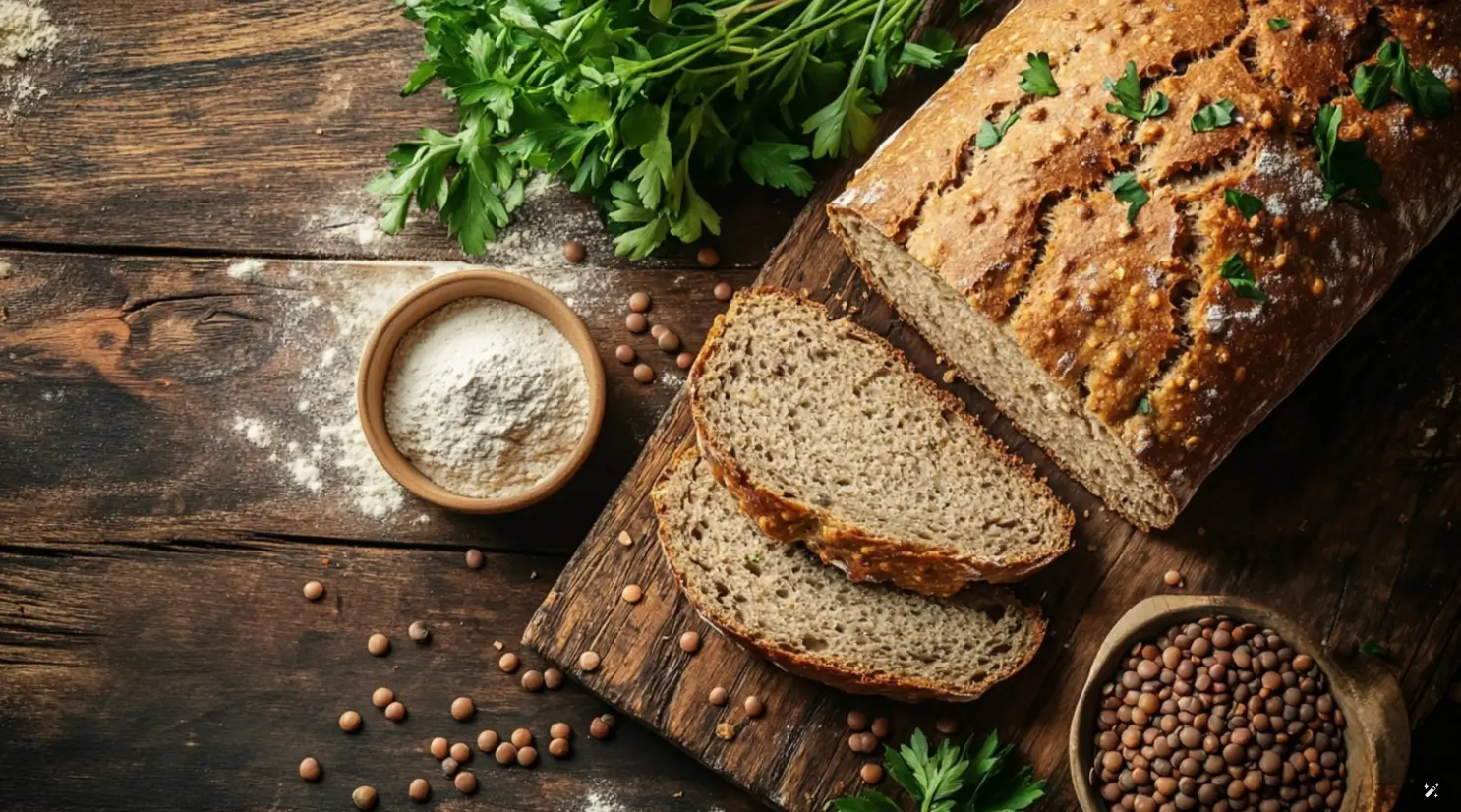 A loaf of lentil bread sliced on a wooden table with fresh lentils and herbs