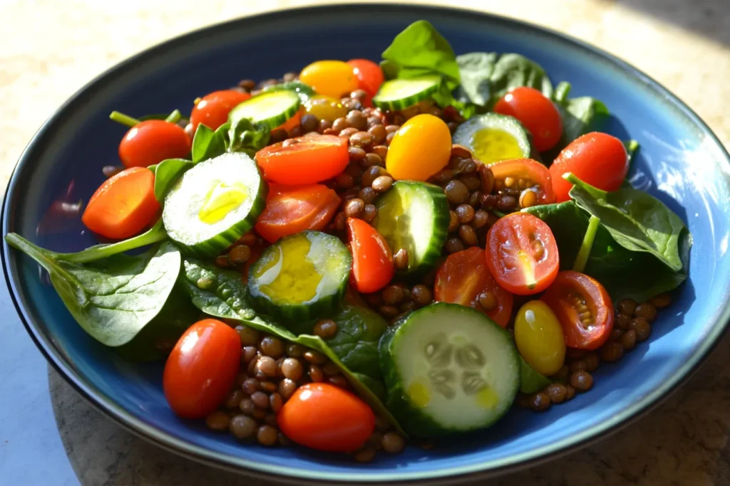 A fresh salad with lentils, spinach, cherry tomatoes, and cucumbers.