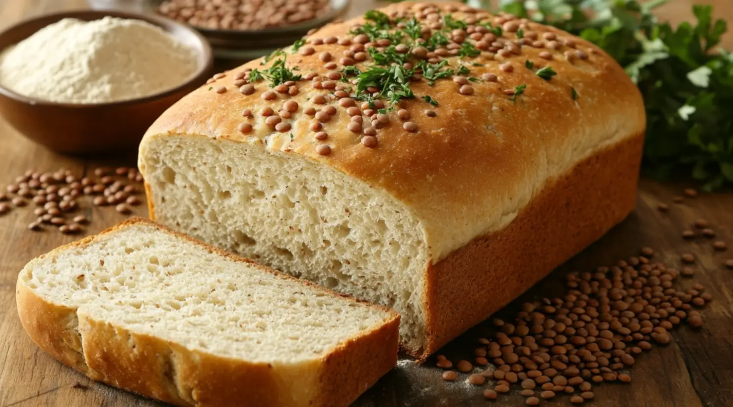 A loaf of lentil bread sliced on a wooden table, surrounded by lentils and herbs