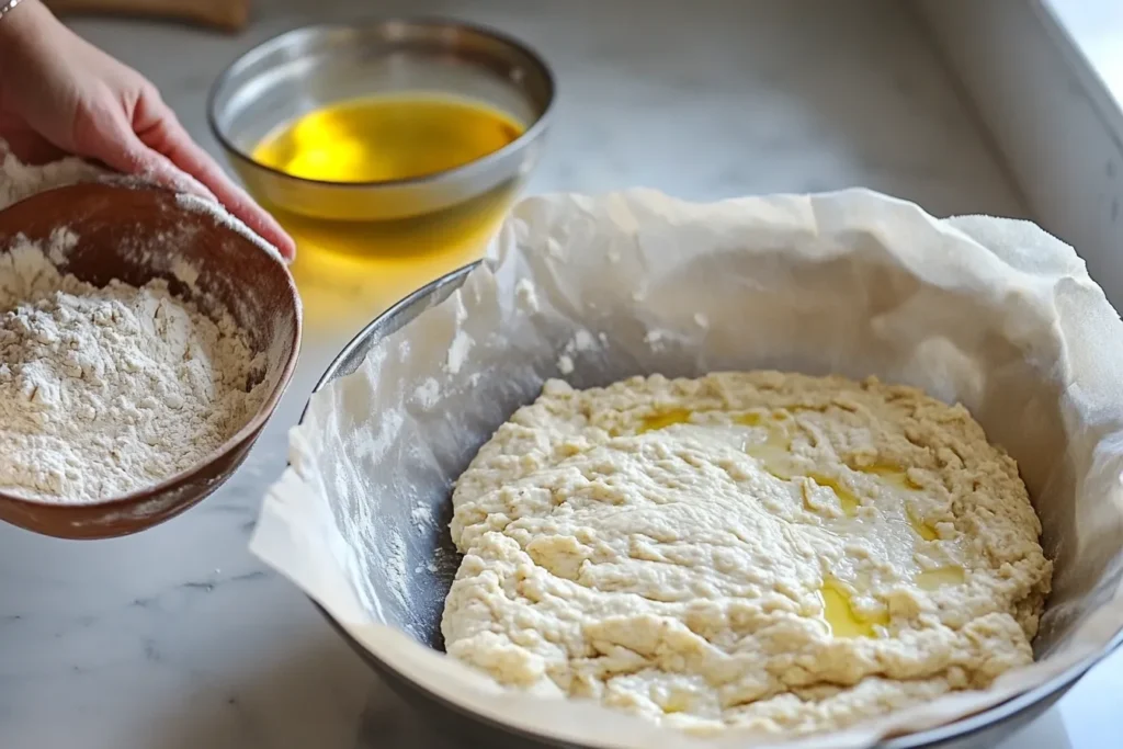 Hands shaping lentil bread dough on parchment paper with ingredients nearby