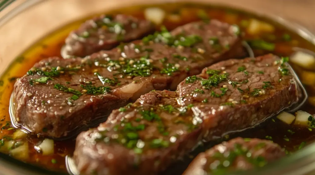 Flat iron steak marinating in olive oil, soy sauce, garlic, and herbs