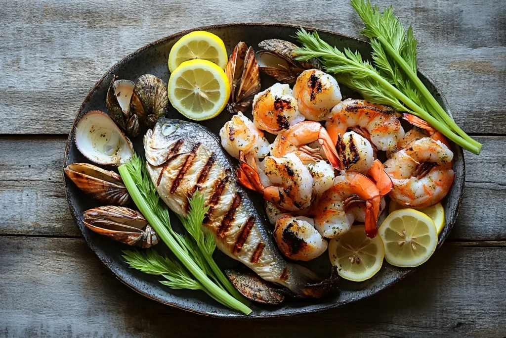 A platter of grilled fish, shellfish, and prawns, garnished with lemon and wild celery