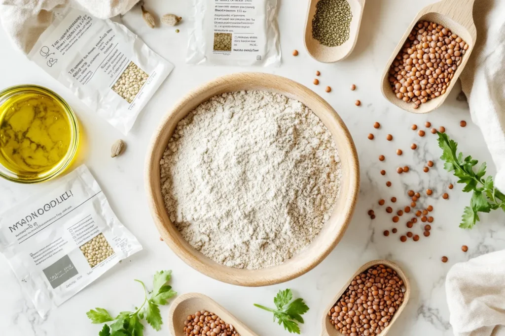 A bowl of lentils with nutritional highlights like protein and fiber, surrounded by ingredients for bread