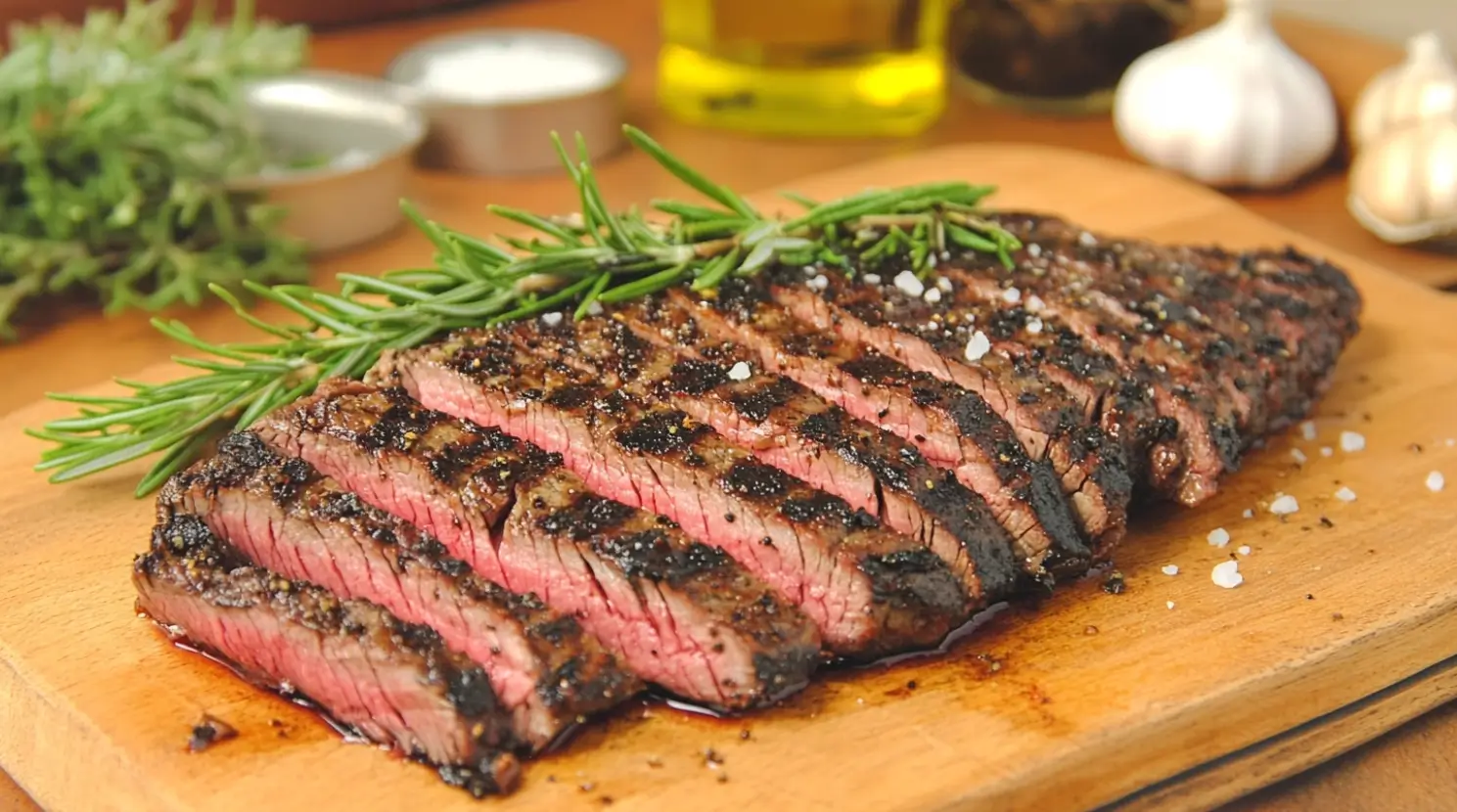 Perfectly cooked flat iron steak sliced with garnishes on a wooden cutting board