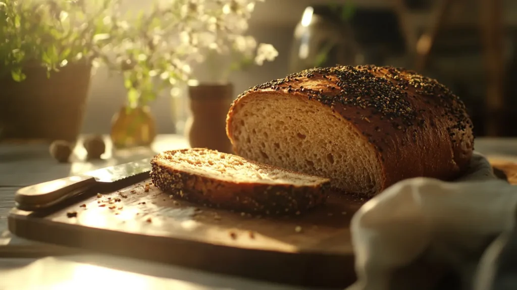 Sliced rye bread with caraway seeds on a wooden board