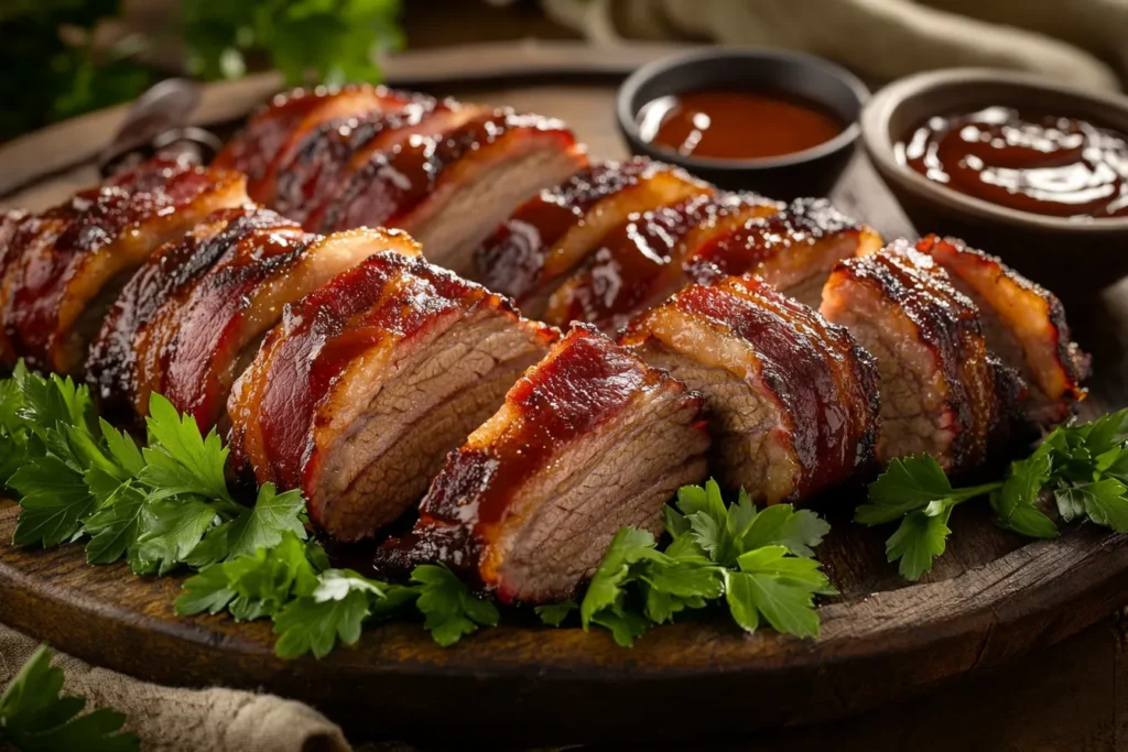 Slices of bacon-wrapped brisket on a wooden platter with garnishes.