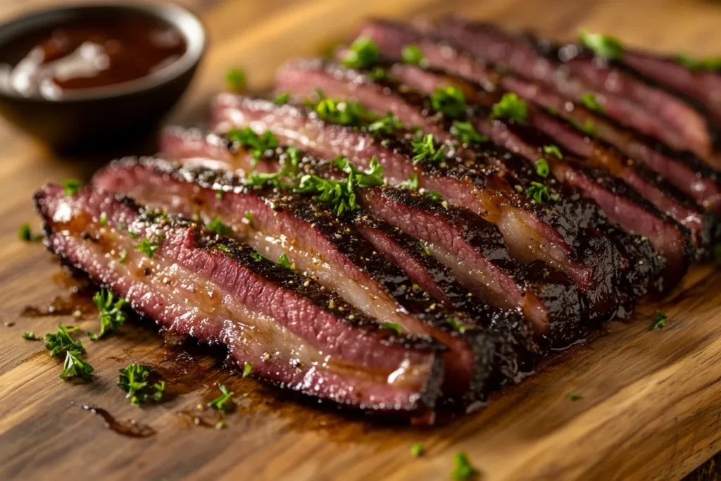 Thin slices of smoky, cooked brisket bacon on a wooden board.