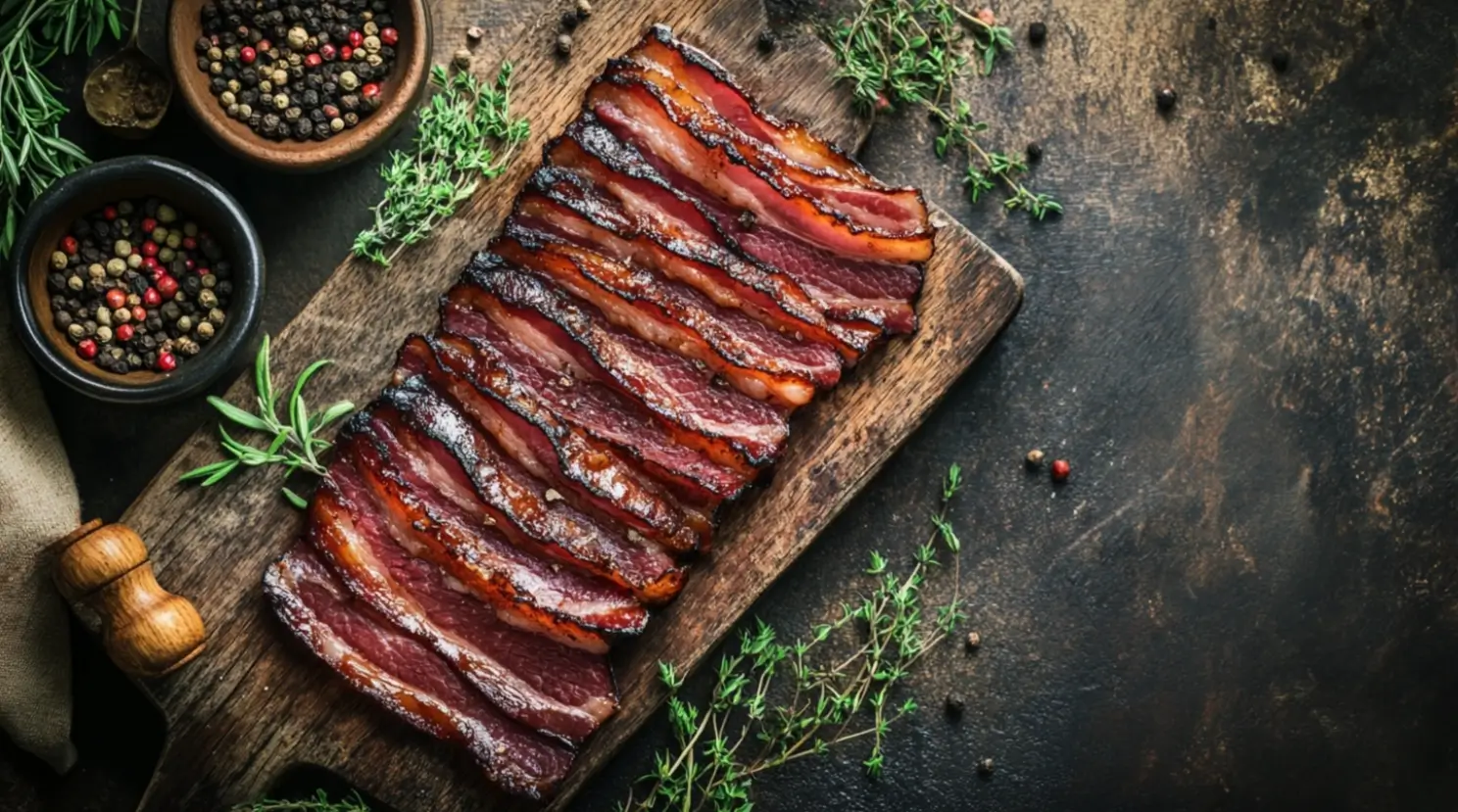 Smoked brisket bacon sliced on a wooden cutting board with herbs and spices