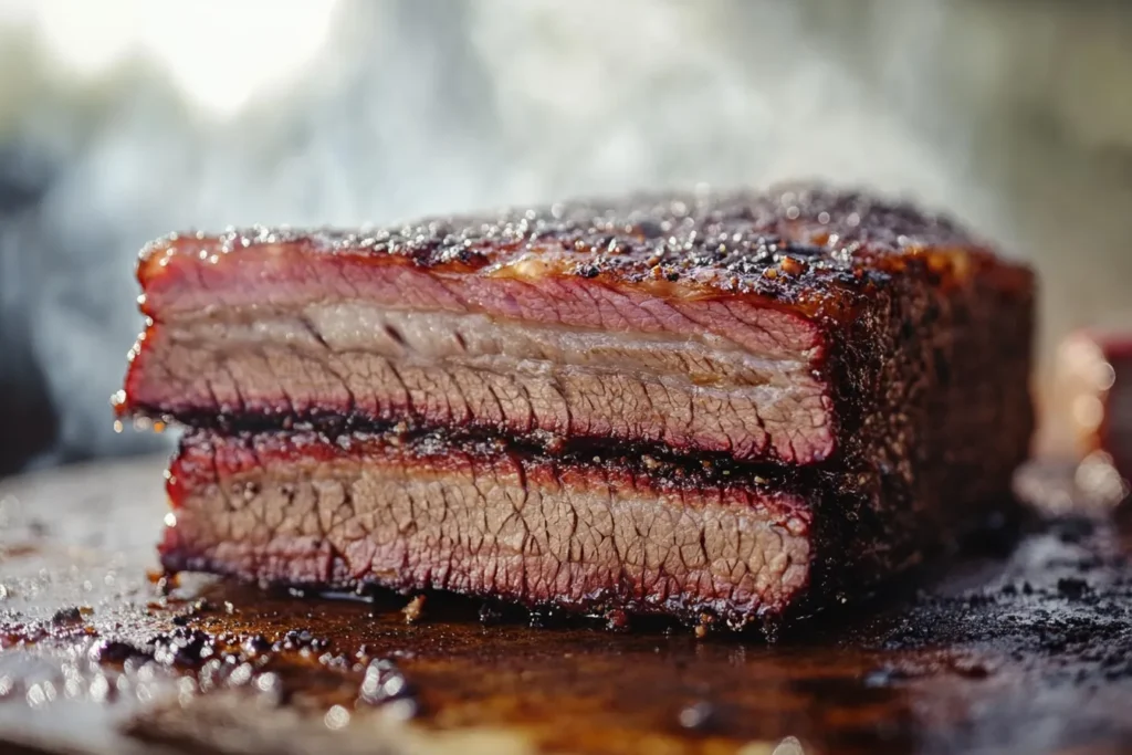 A brisket on a smoker grill, releasing light hickory smoke.