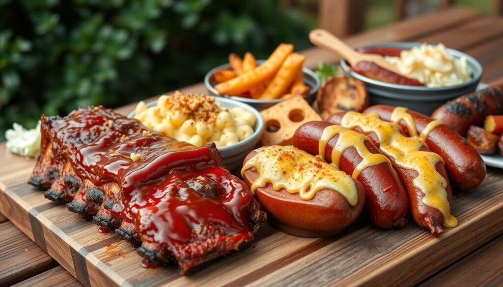 Southern BBQ meals with cheese A pulled pork sandwich topped with cheddar cheese and BBQ sauce