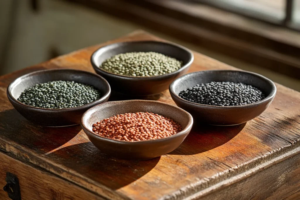 Bowls of green, red, black, and brown lentils on a wooden table.