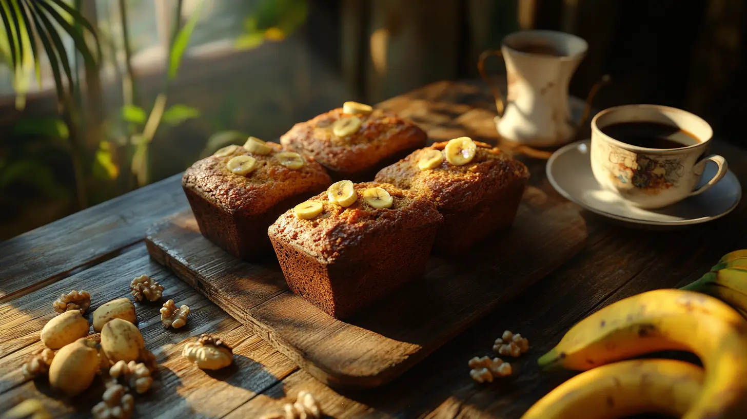 Mini banana bread loaves surrounded by ripe bananas and walnuts on a wooden table