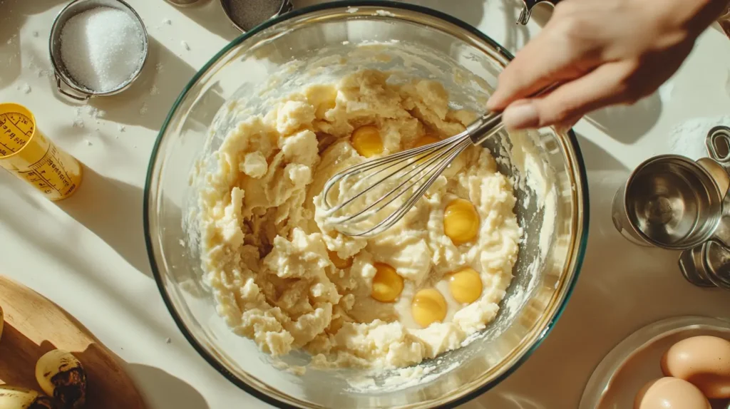 Mixing ingredients for small banana bread recipe in a bowl with whisk