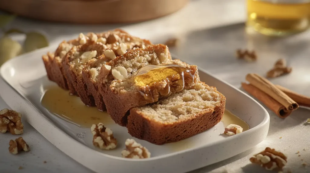 Sliced mini banana nut bread with honey drizzle and walnuts