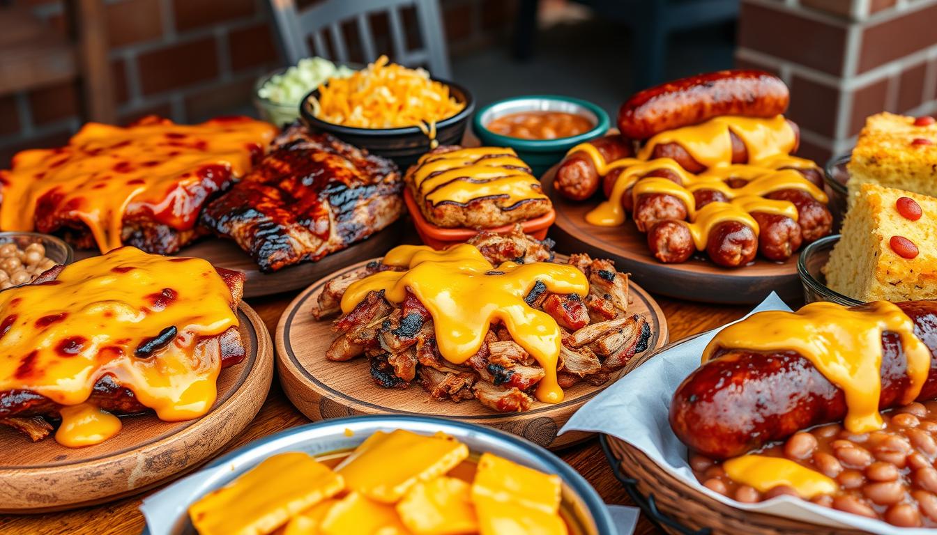 A summer BBQ table with grilled meats, mac and cheese, and cheesy sides