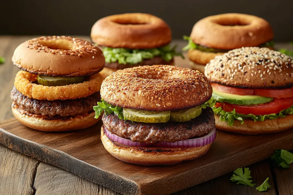 A selection of burgers cooked in an air fryer, each with unique toppings.