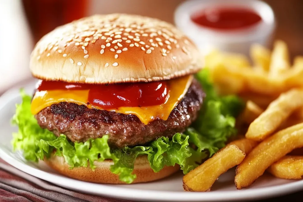 A cooked hamburger topped with lettuce, tomato, cheese, and ketchup, served with fries.