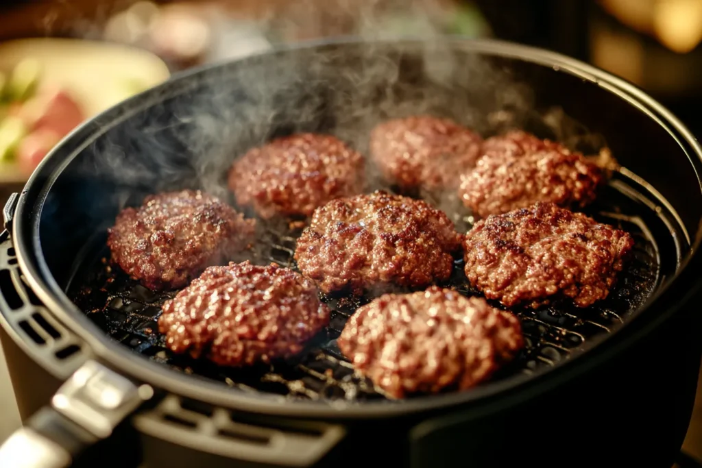 Ground beef cooked in an air fryer with a crispy texture.
