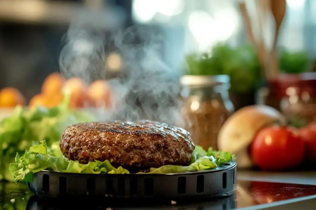 A raw hamburger patty being cooked in an air fryer with fresh ingredients around it