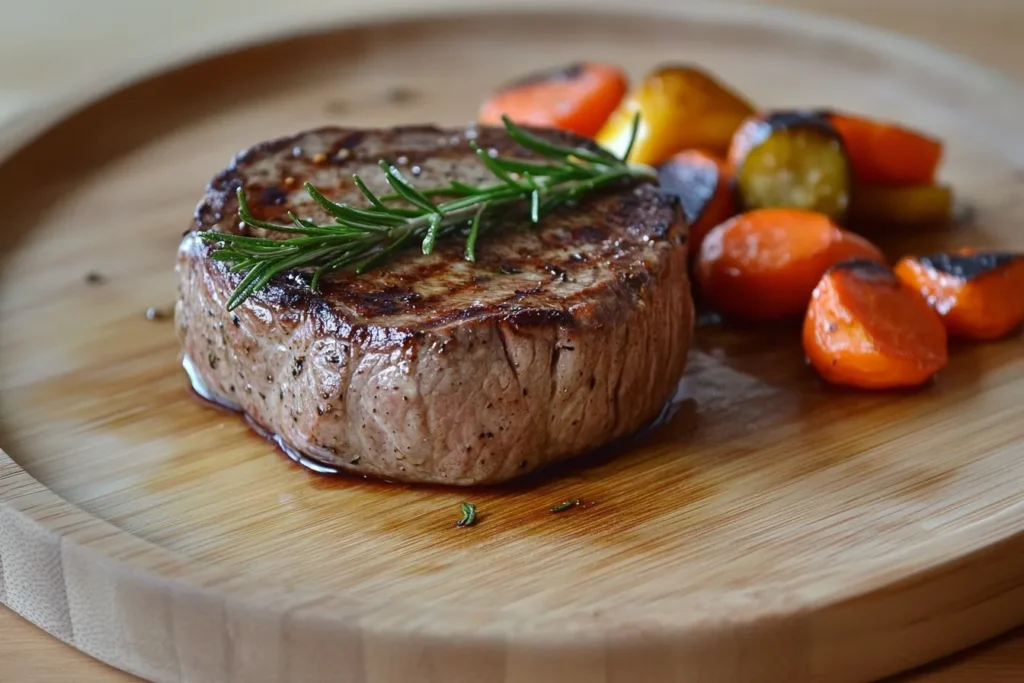 A perfectly cooked steak served with rosemary and roasted vegetables.