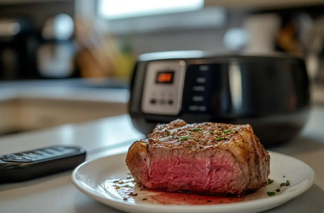 Airfryer with a perfectly cooked beef steak on a plate