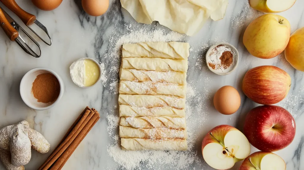 Ingredients for apple blossom dessert on a marble countertop with baking tools