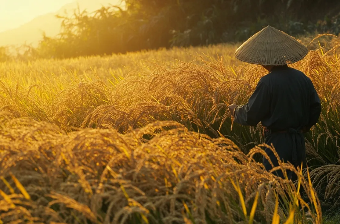 A farmer tending a lush Asian rice field with golden brown rice stalks