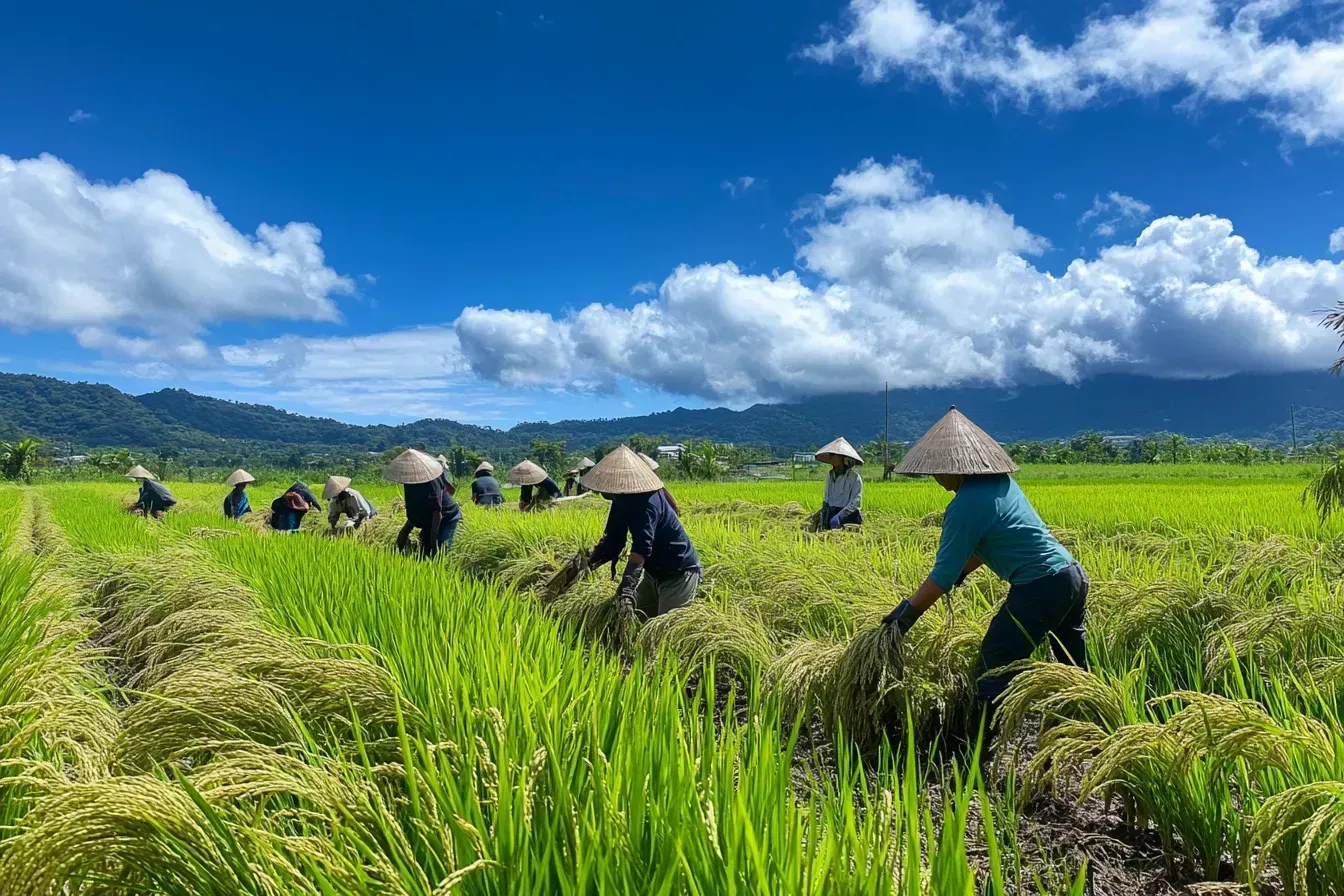 Farmers harvesting brown rice in lush green fields in Asia.