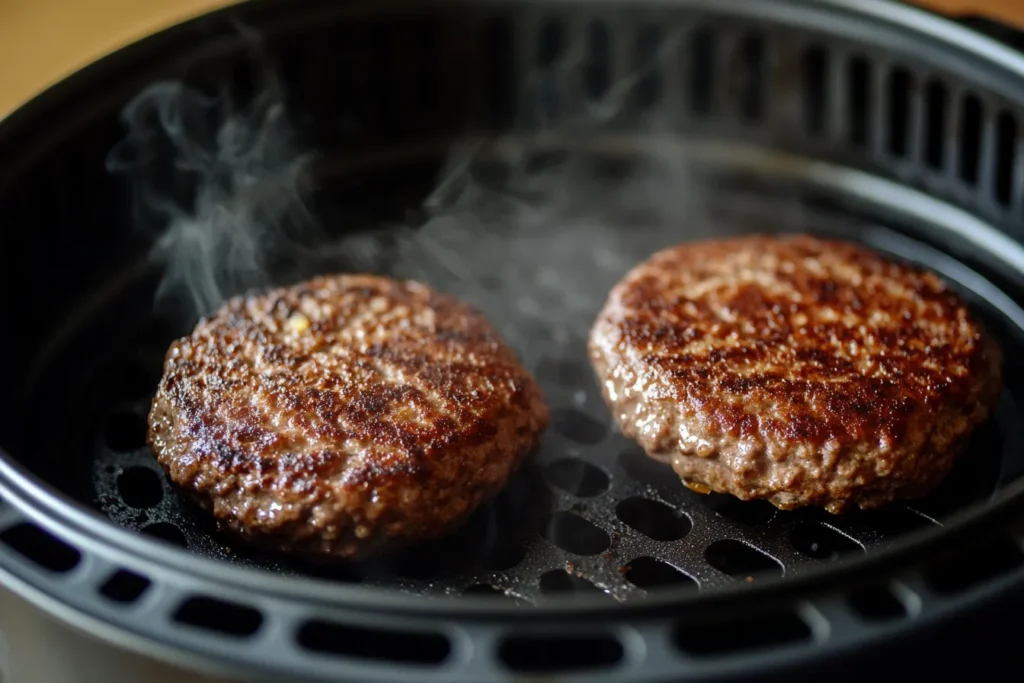 Two hamburger patties browning in an air fryer basket.